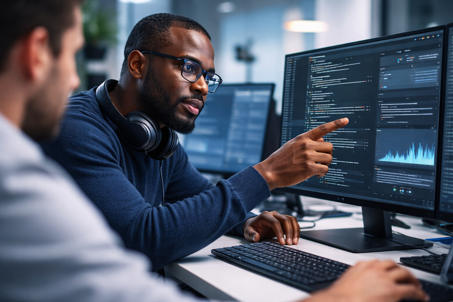 Senior engineers collaborating on code